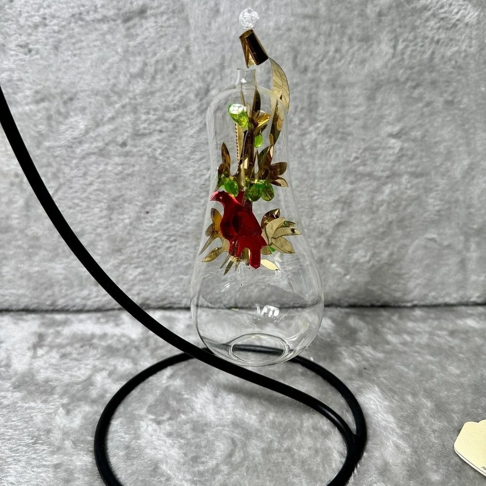 Vintage Blown Glass Teardrop Ornament Red Bird Wire Angels Gold Foil‎ Leaves MCM